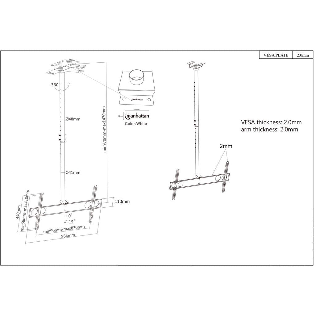 Manhattan TV & Monitor Mount, Ceiling, 1 screen, Screen Sizes: 37-75", Height: 105-156 cm, Black, VESA 200x200 to 800x400mm, Max 50kg, LFD, Lifetime Warranty