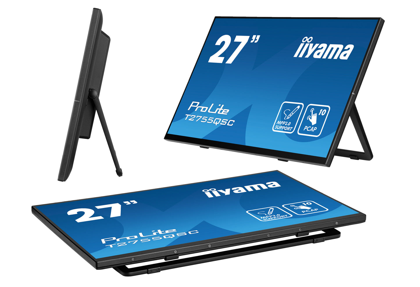 iiyama ProLite 27” Optical Bonded PCAP 10pt IPS Touchscreen monitor with edge-to-edge glass, active stylus support (MPP 2.0), anti-fingerprint coating and a flexible stand