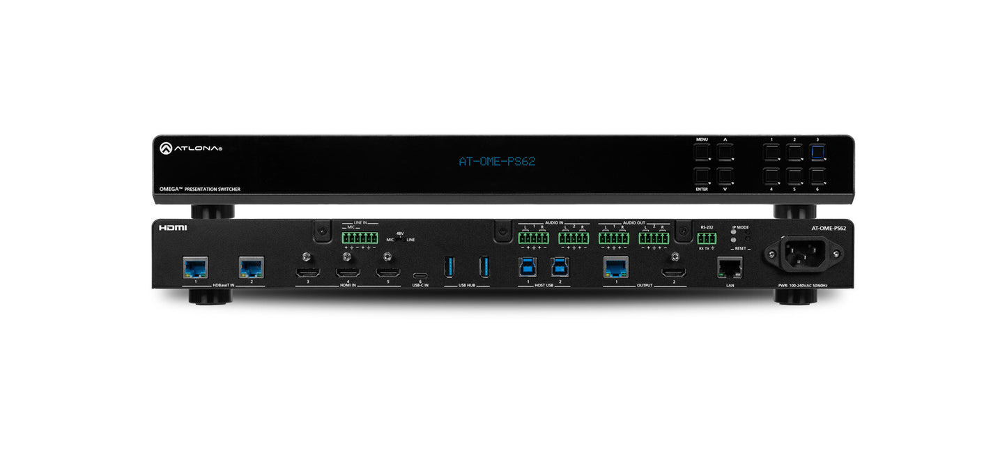 AT-OME-PS62 - Presentation Switcher with USB-C and HDMI, 6 inputs and 2 outputs with Matrix option