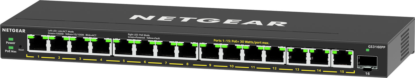 NETGEAR GS316EPP Managed Gigabit Ethernet (10/100/1000) Power over Ethernet (PoE) Black