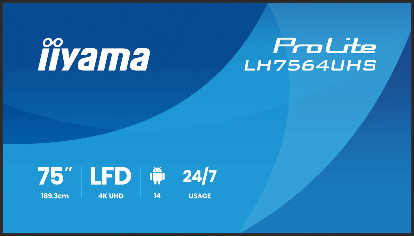 iiyama LH7564UHS-B1AG Signage Display Digital signage flat panel 190.5 cm (75") Wi-Fi 500 cd/m² 4K Ultra HD Black Built-in processor Android 24/7