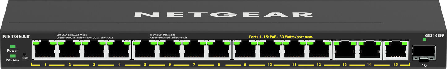 NETGEAR GS316EPP Managed Gigabit Ethernet (10/100/1000) Power over Ethernet (PoE) Black