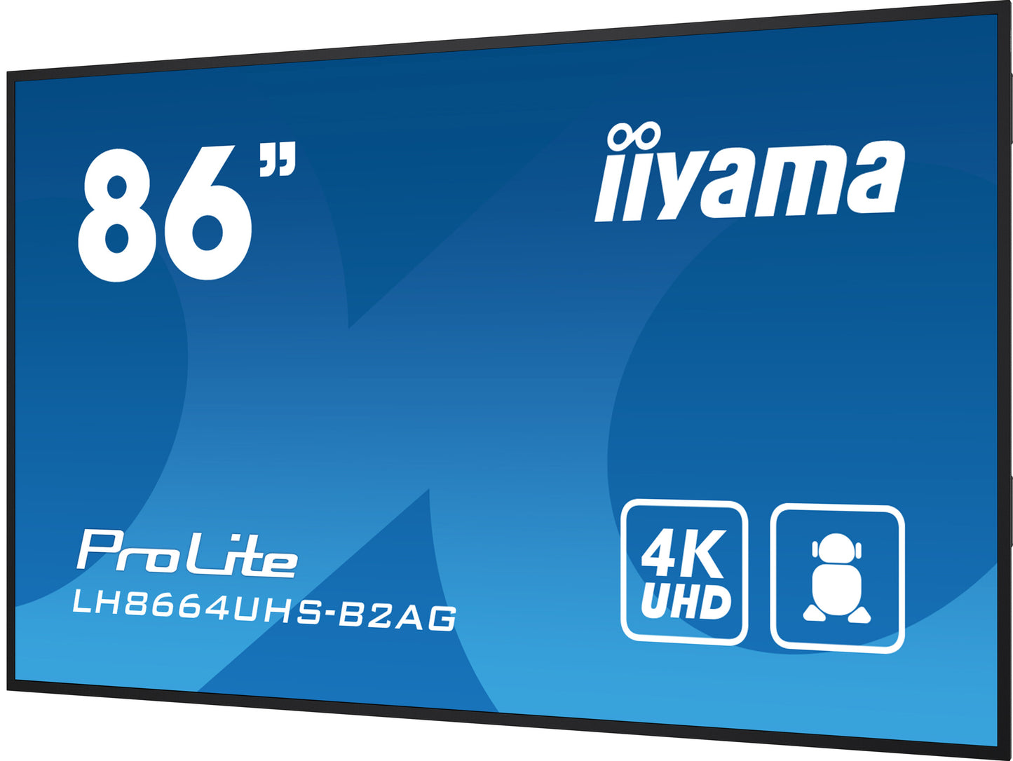 86" 3840x2160, UHD IPS panel, Haze 25% 500cd/m², Landscape and Portrait, Speakers 2x 10W, 3x HDMI, U