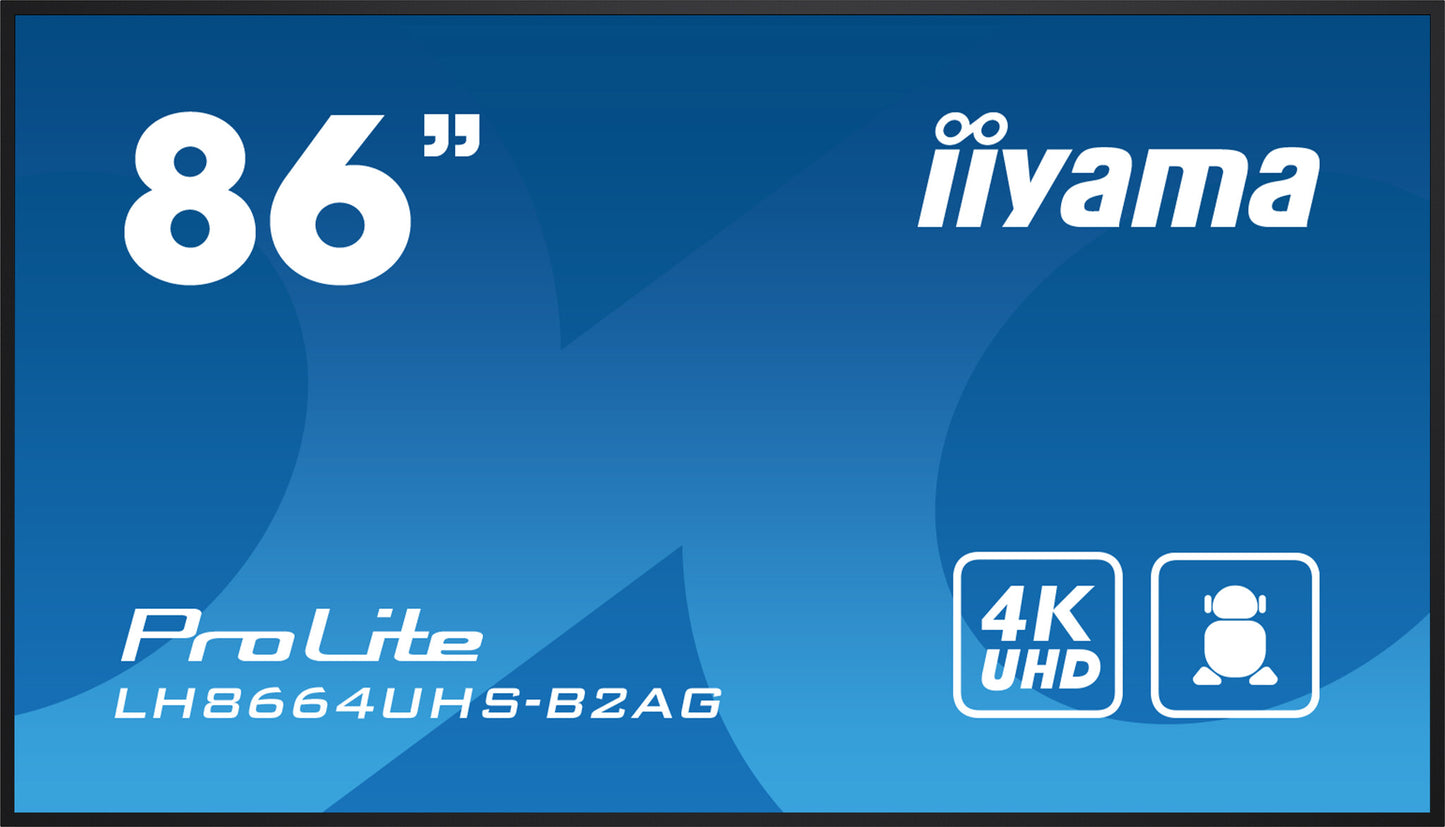 86" 3840x2160, UHD IPS panel, Haze 25% 500cd/m², Landscape and Portrait, Speakers 2x 10W, 3x HDMI, U