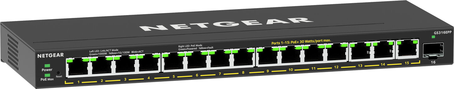 NETGEAR GS316EPP Managed Gigabit Ethernet (10/100/1000) Power over Ethernet (PoE) Black