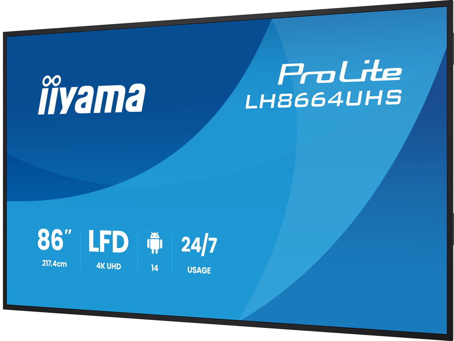 86" 3840x2160, UHD IPS panel, Haze 25% 500cd/m², Landscape and Portrait, IP5X Dust protection Speake