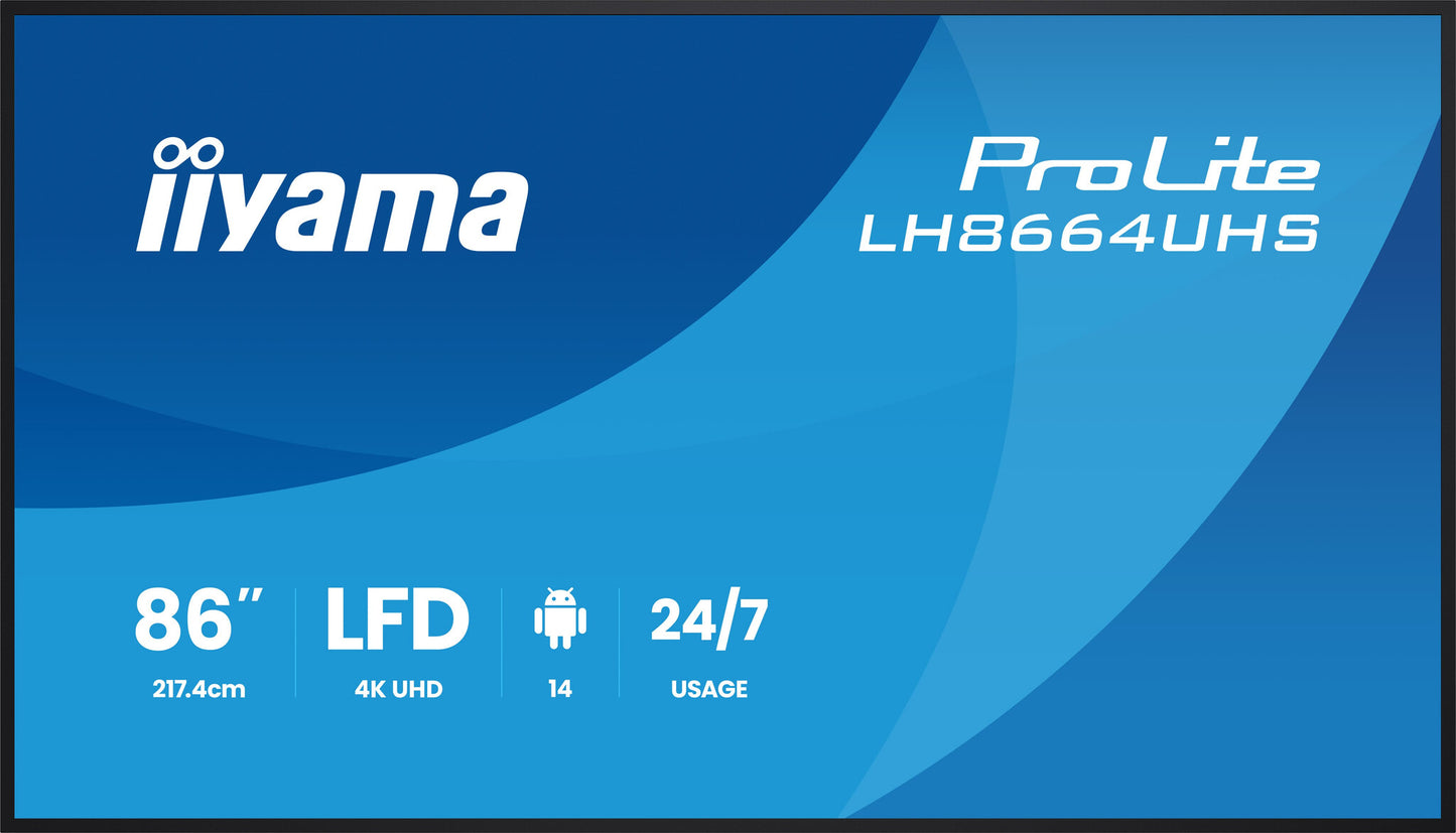 86" 3840x2160, UHD IPS panel, Haze 25% 500cd/m², Landscape and Portrait, IP5X Dust protection Speake