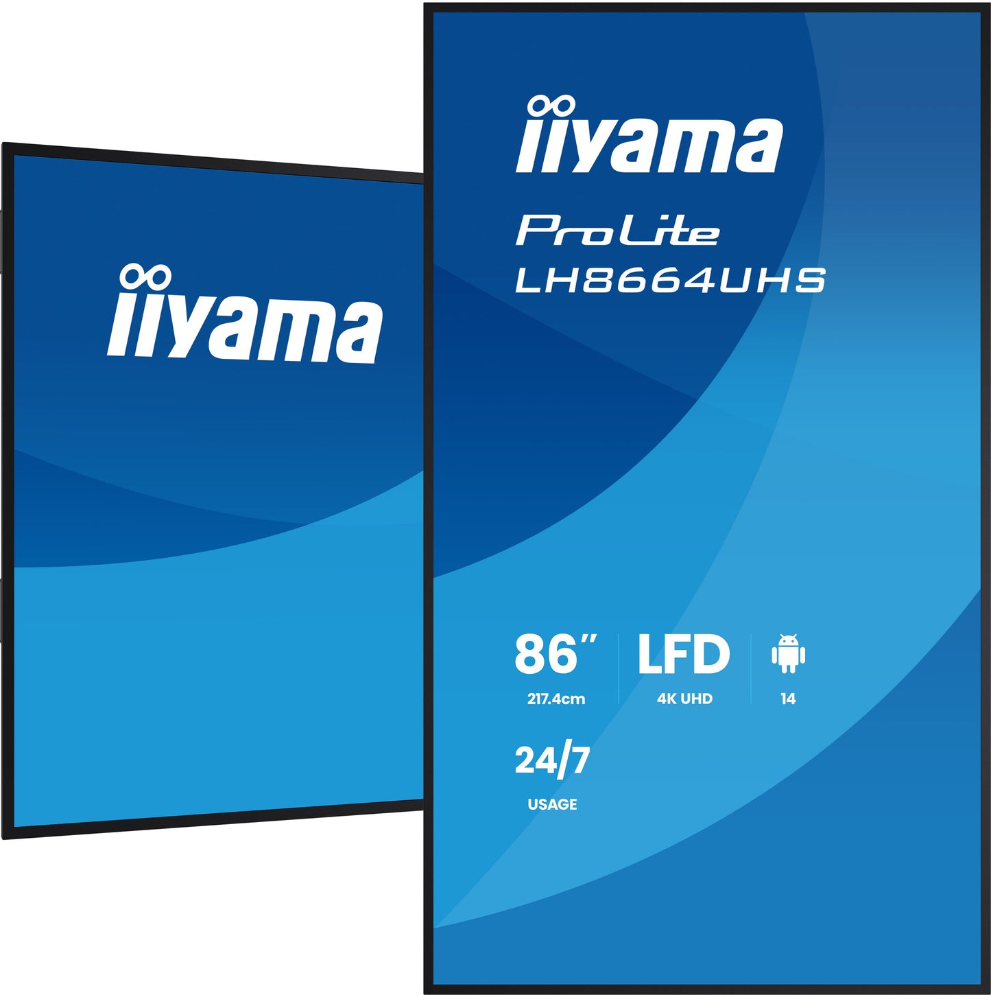 86" 3840x2160, UHD IPS panel, Haze 25% 500cd/m², Landscape and Portrait, IP5X Dust protection Speake